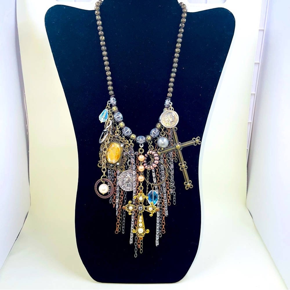 Treska Artisan Necklace Statement NEW Cross Coin Beaded Multicolored Funky Boho